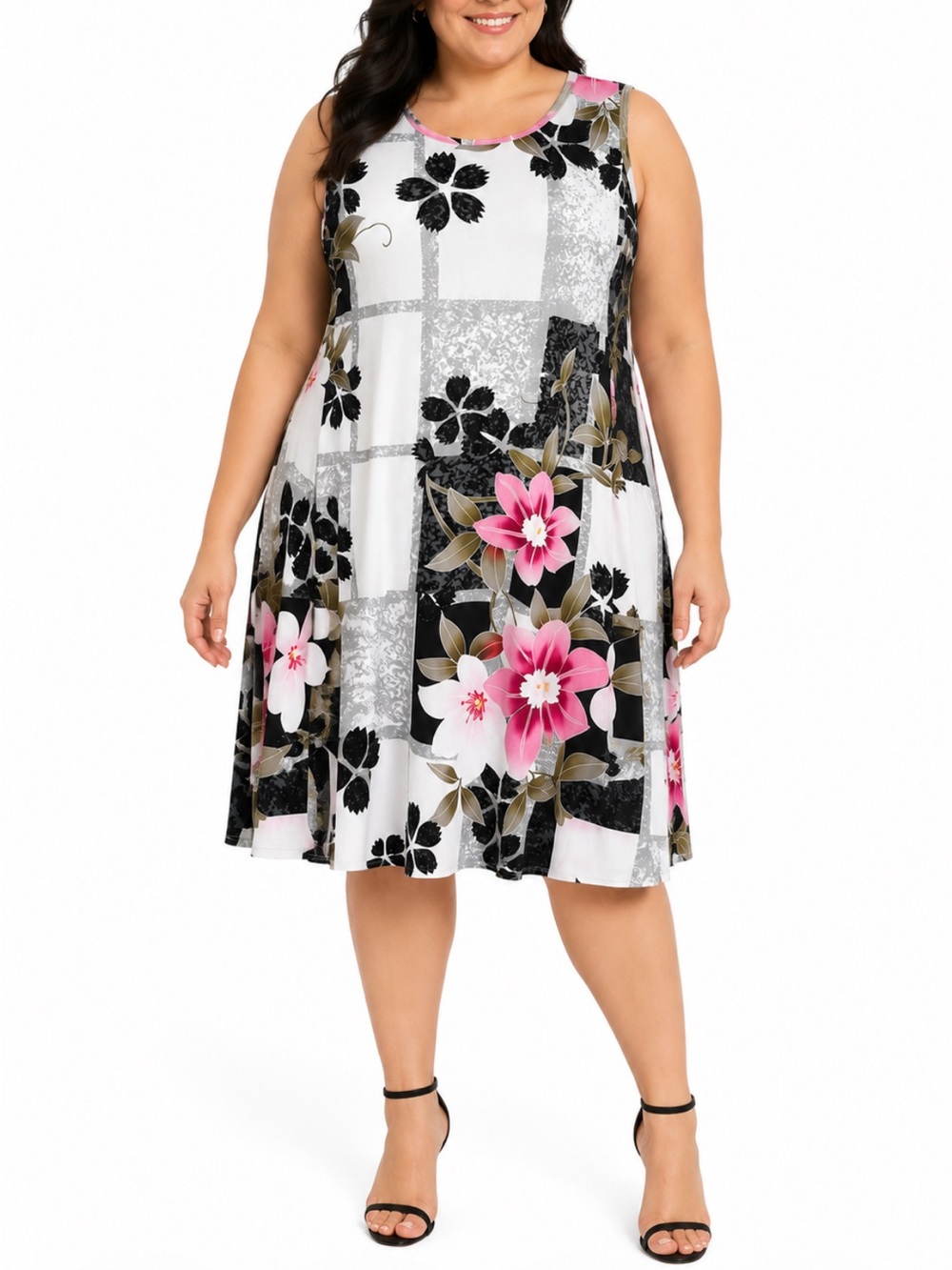 Plus Size black pink white floral print sleeveless shift dress size 5XL